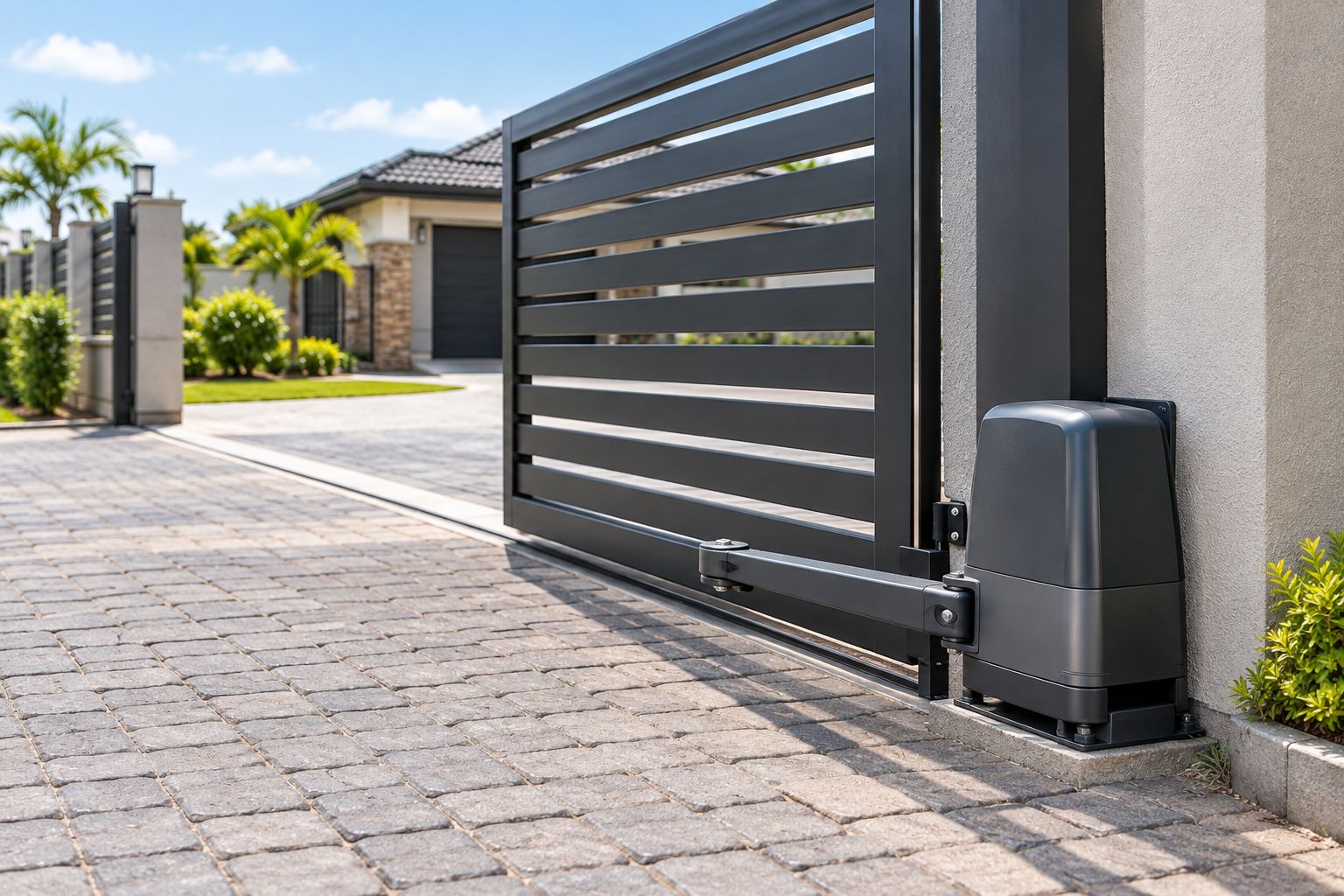 Swing gate motor arm actuator mounted on a driveway gate post