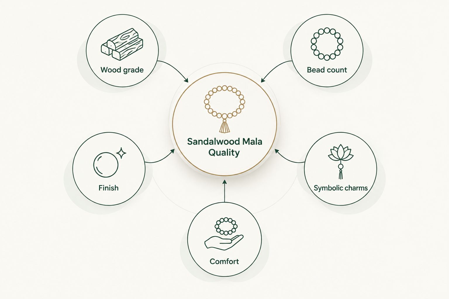 Five criteria for judging sandalwood mala beads arranged around a central hub