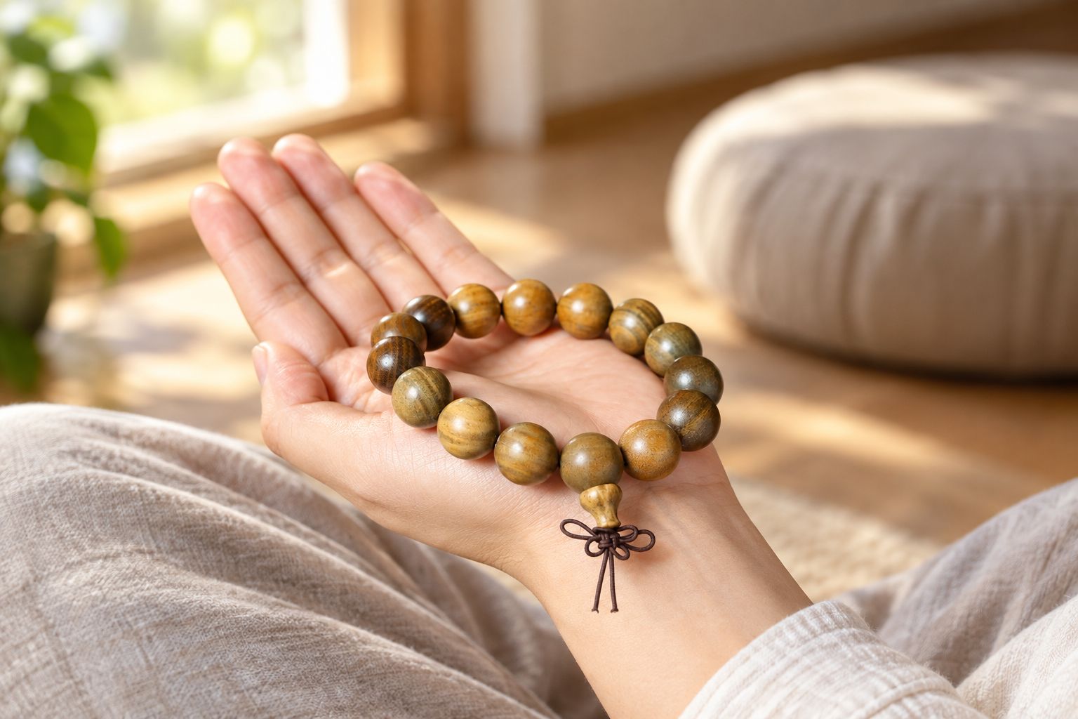Green sandalwood mala bracelet held in an open palm during meditation