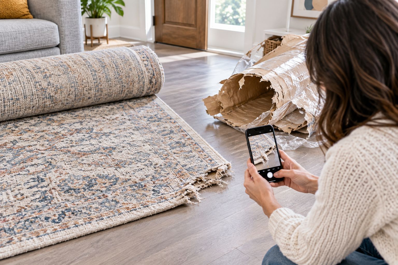 A damaged rug edge photographed beside its torn shipping wrapper