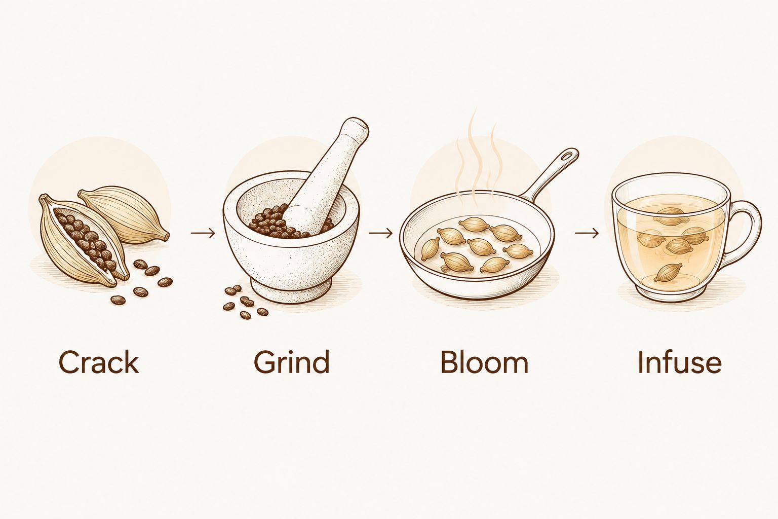 Four ways to prepare green cardamom: crack pods, grind seeds, bloom in fat, or infuse in liquid.