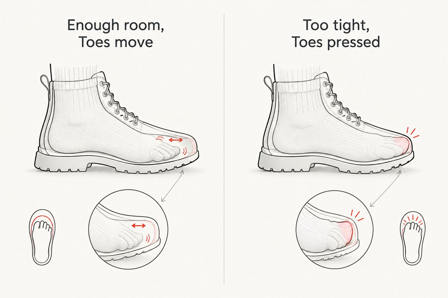 Comparison of toe movement in a roomy boot and toe pressure in a tight boot