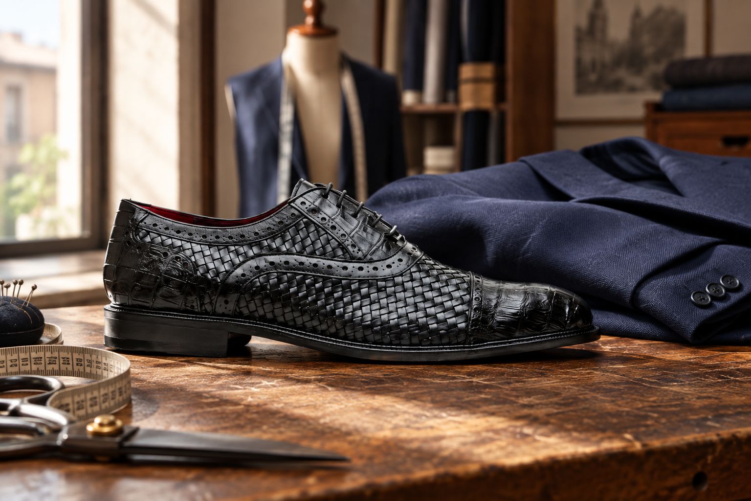 Marco Di Milano caiman crocodile oxford shoe on a tailor's bench
