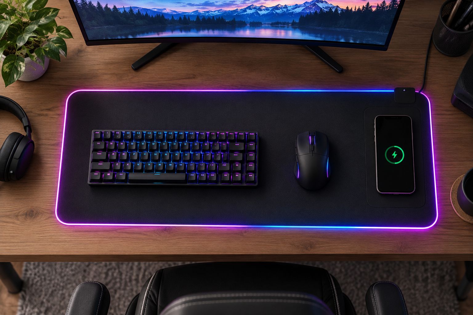 Charging desk mat with a keyboard, mouse, and phone arranged in separate usable areas