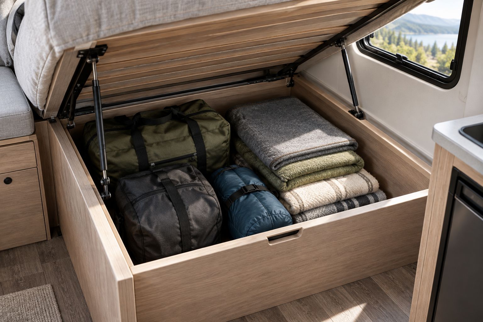Dry blankets and soft packing bags arranged in an RV under-bed storage compartment
