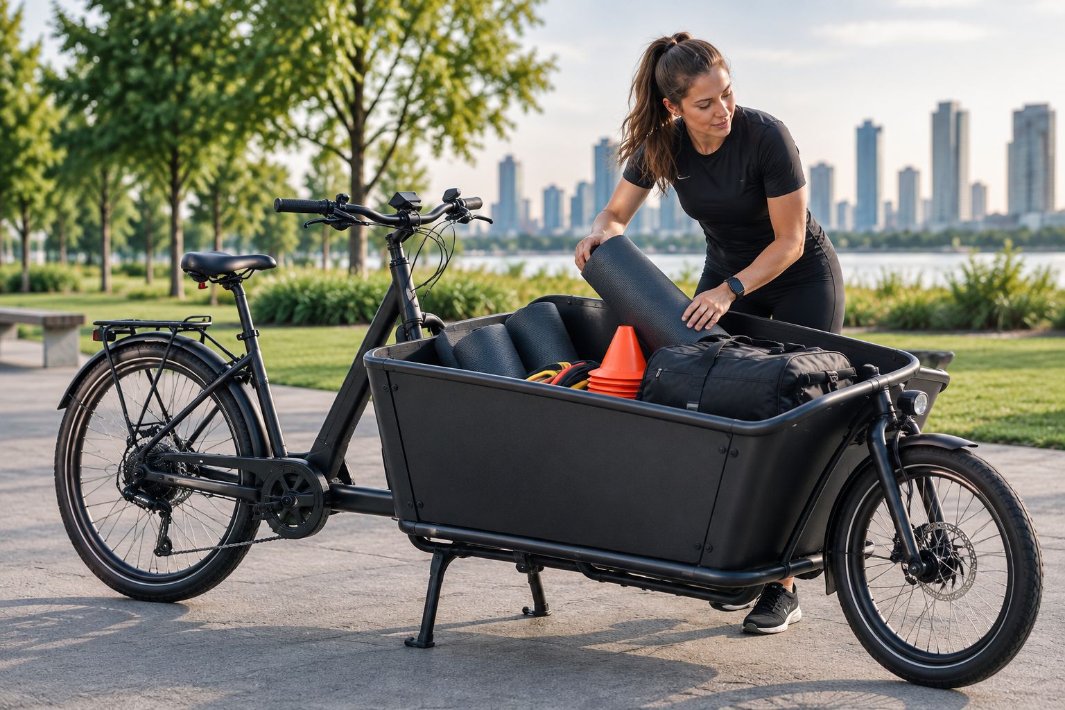 Een personal trainer verdeelt oefenmatten, pionnen en een sporttas in een elektrische bakfiets.