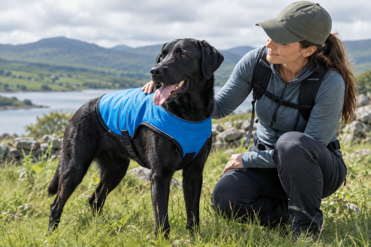 Working Labrador wearing a fitted cooling vest in a field