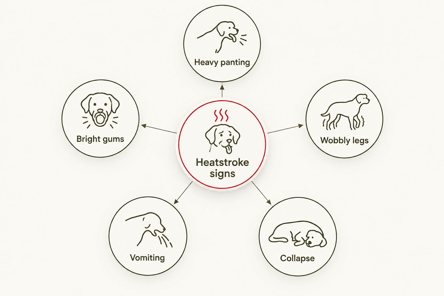 Diagram showing five heatstroke warning signs in working dogs