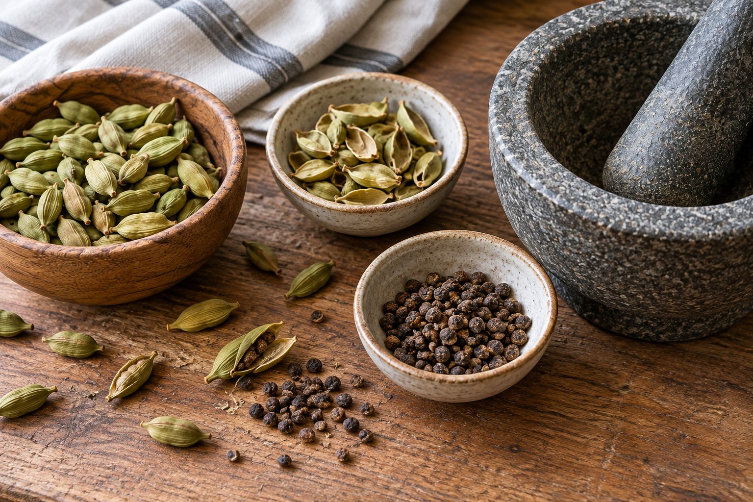 Opened cardamom pods with seeds and husks separated beside a mortar and pestle