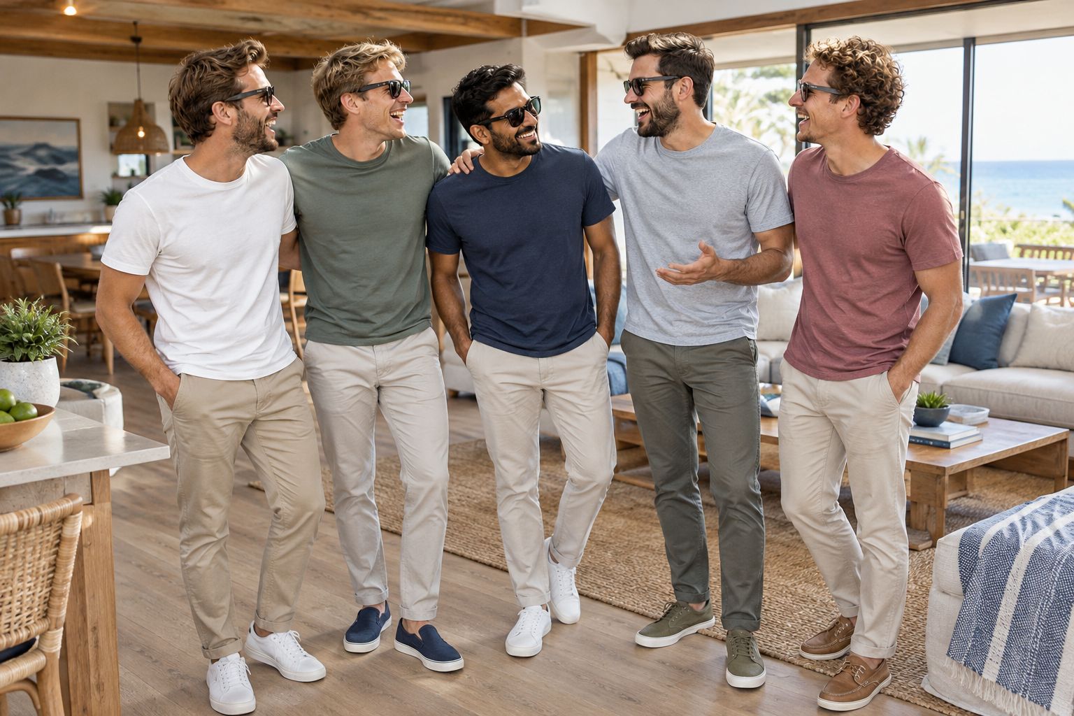 Friends wearing coordinated casual outfits with plain tees, neutral trousers, and different shoes