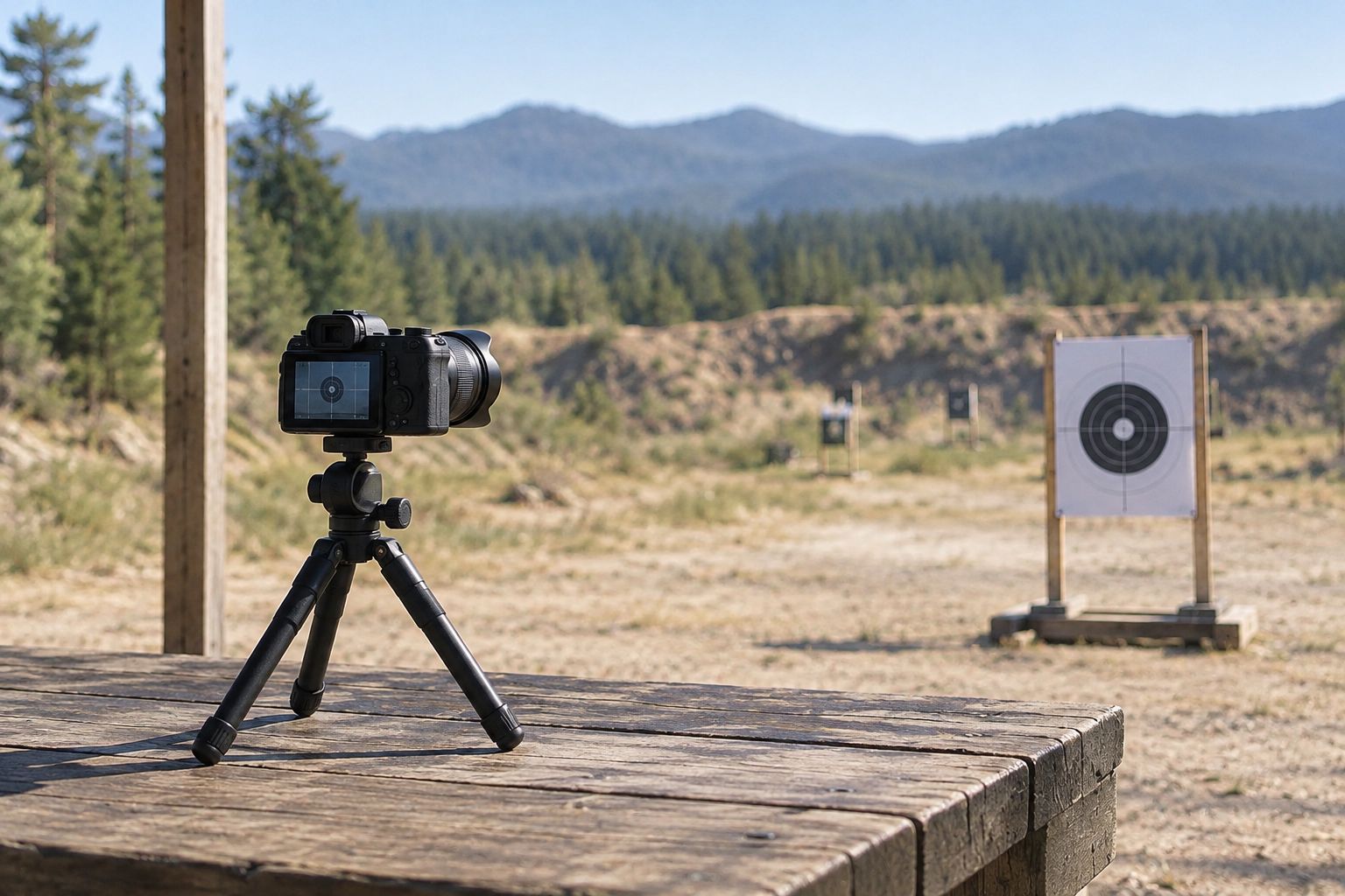 An unbranded target camera on a small tripod beside a paper target