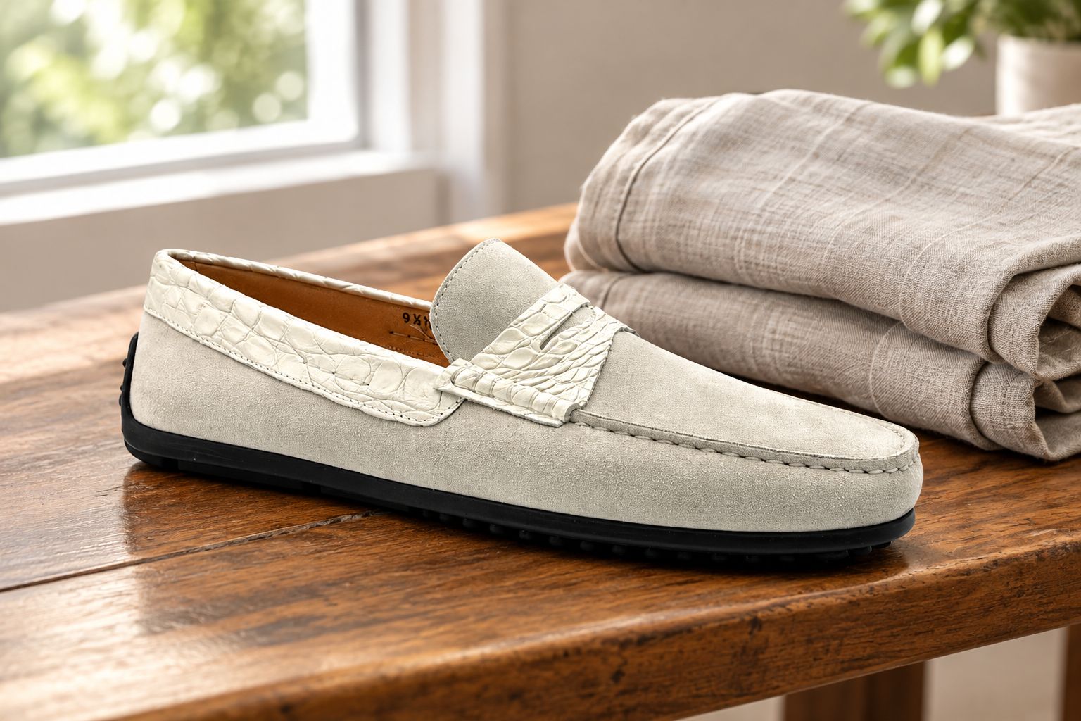 White suede and crocodile driver shoe styled with linen trousers