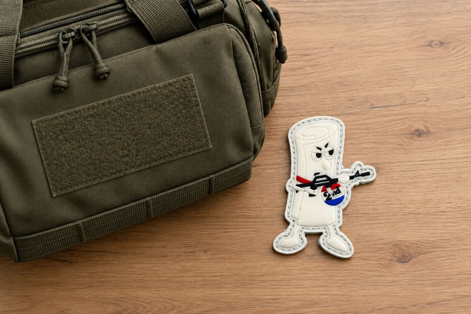 Strapped 2nd Amendment patch beside a range bag