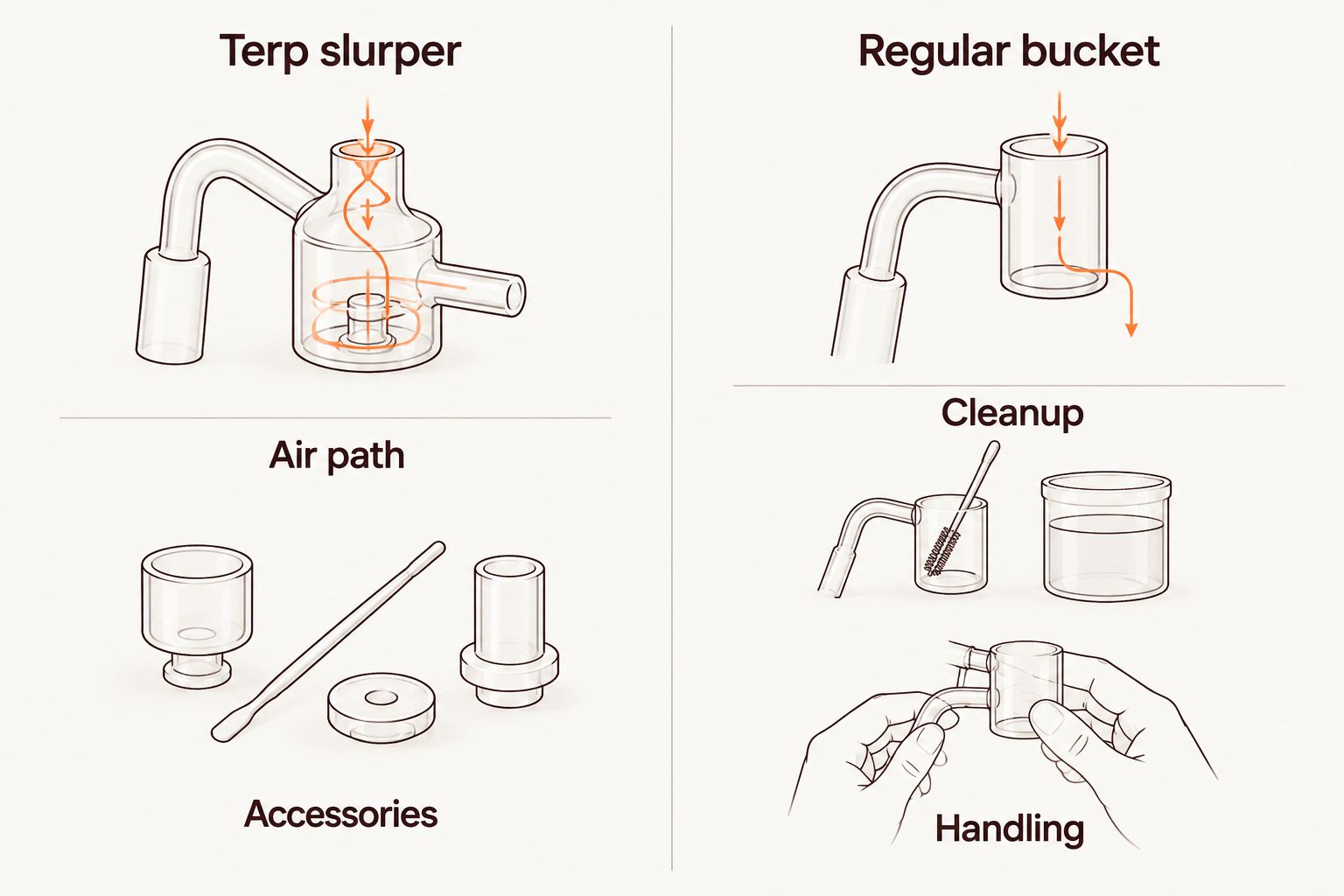 Side-by-side diagram comparing terp slurper airflow and accessories with regular bucket cleanup and handling