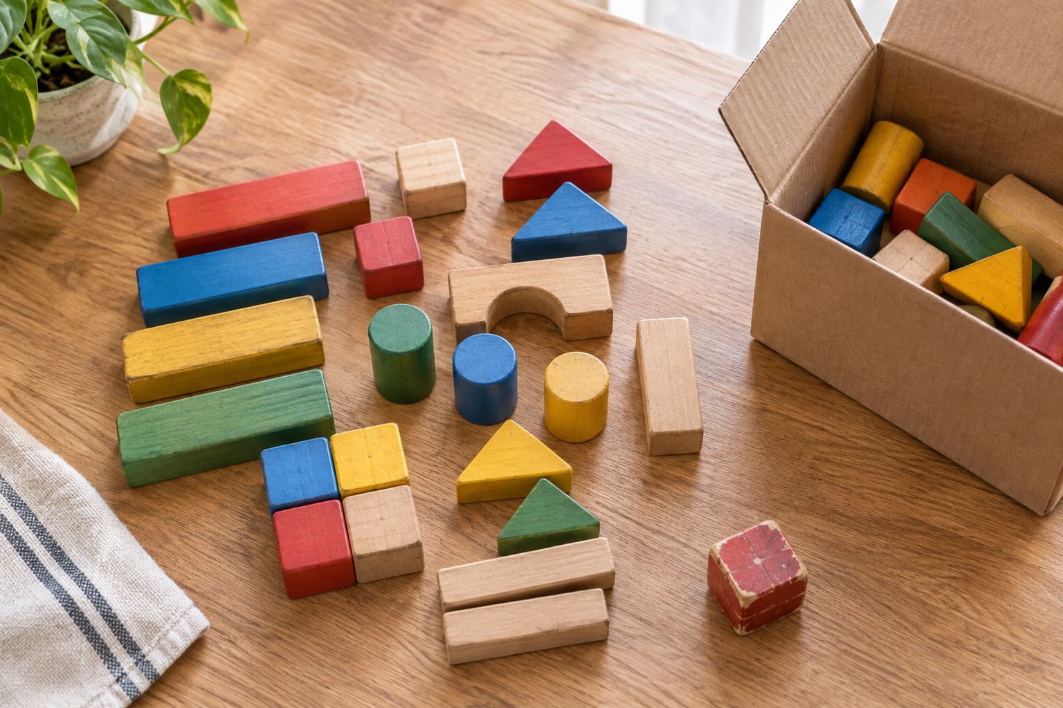 Wooden blocks laid out for counting, with a scuffed piece separated for a closer photograph.