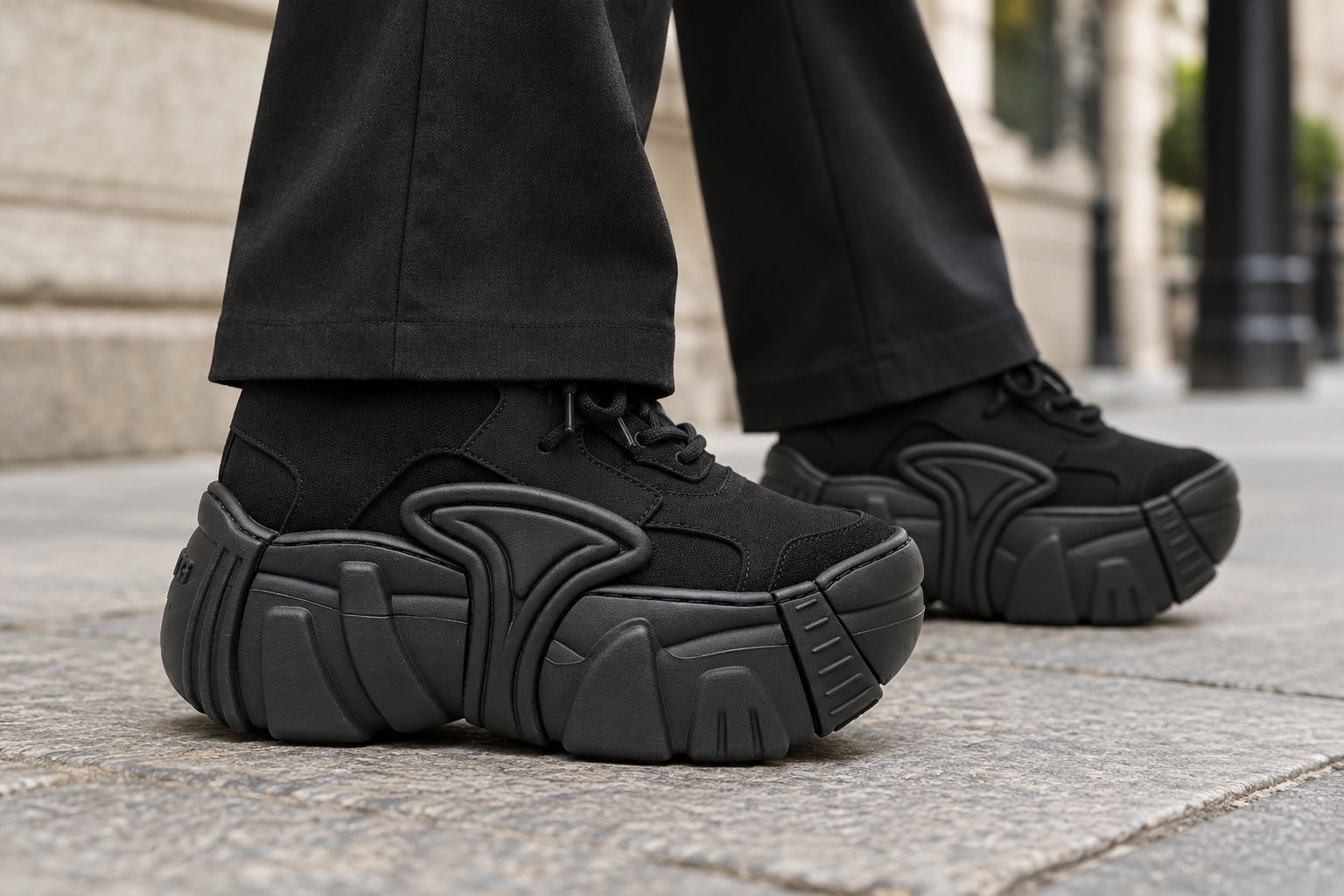 Platform trainers worn with dark trousers, viewed from the side to show the hem and sole