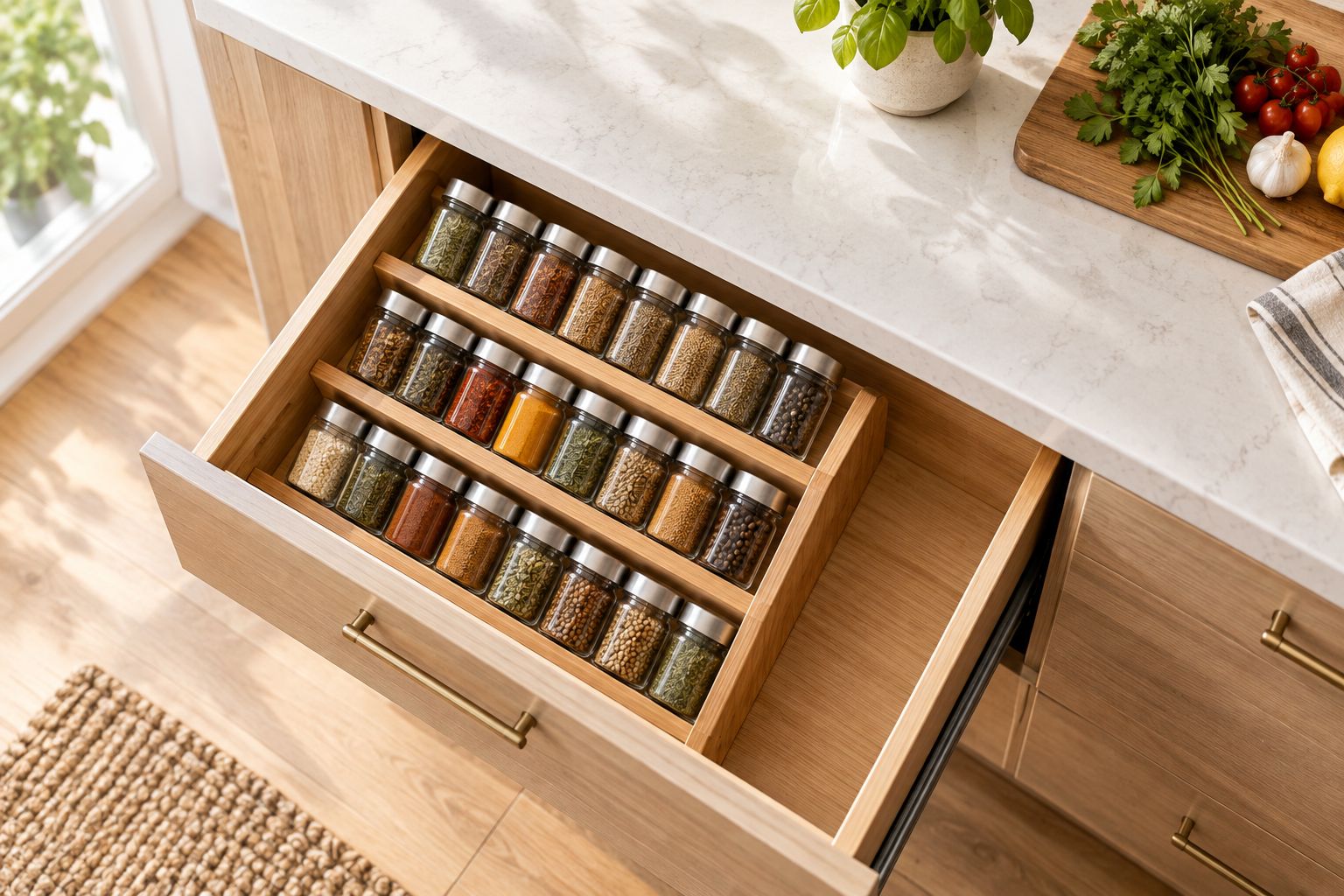 Spice jars arranged in angled rows inside a kitchen drawer