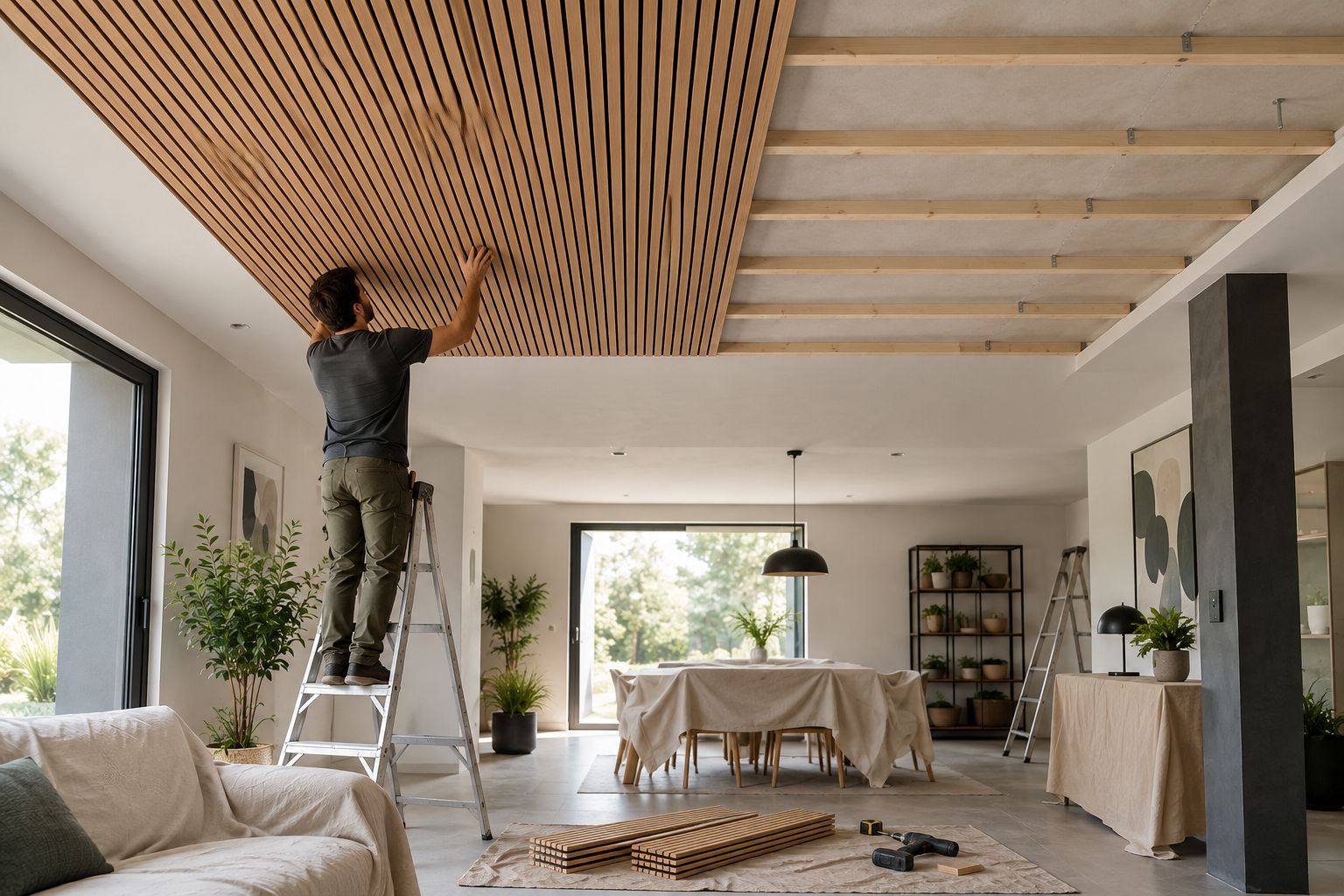 Habillage acoustique bois au plafond avec une partie des tasseaux encore visible