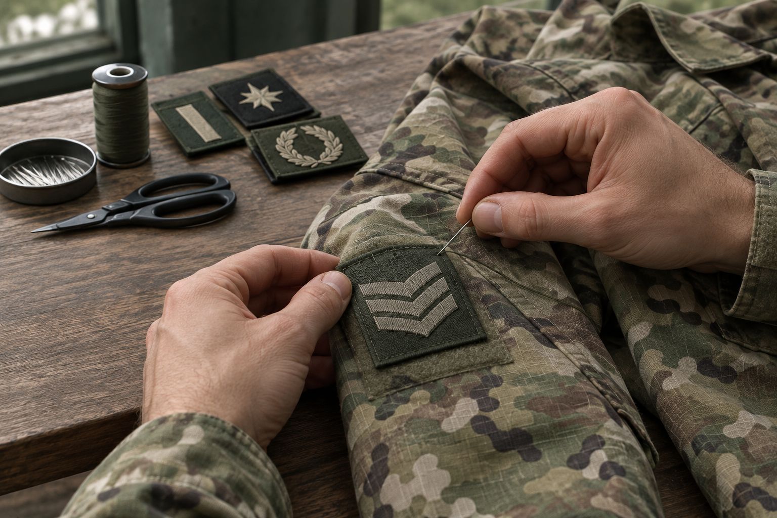 Hands sewing a subdued badge patch onto an MTP combat shirt sleeve