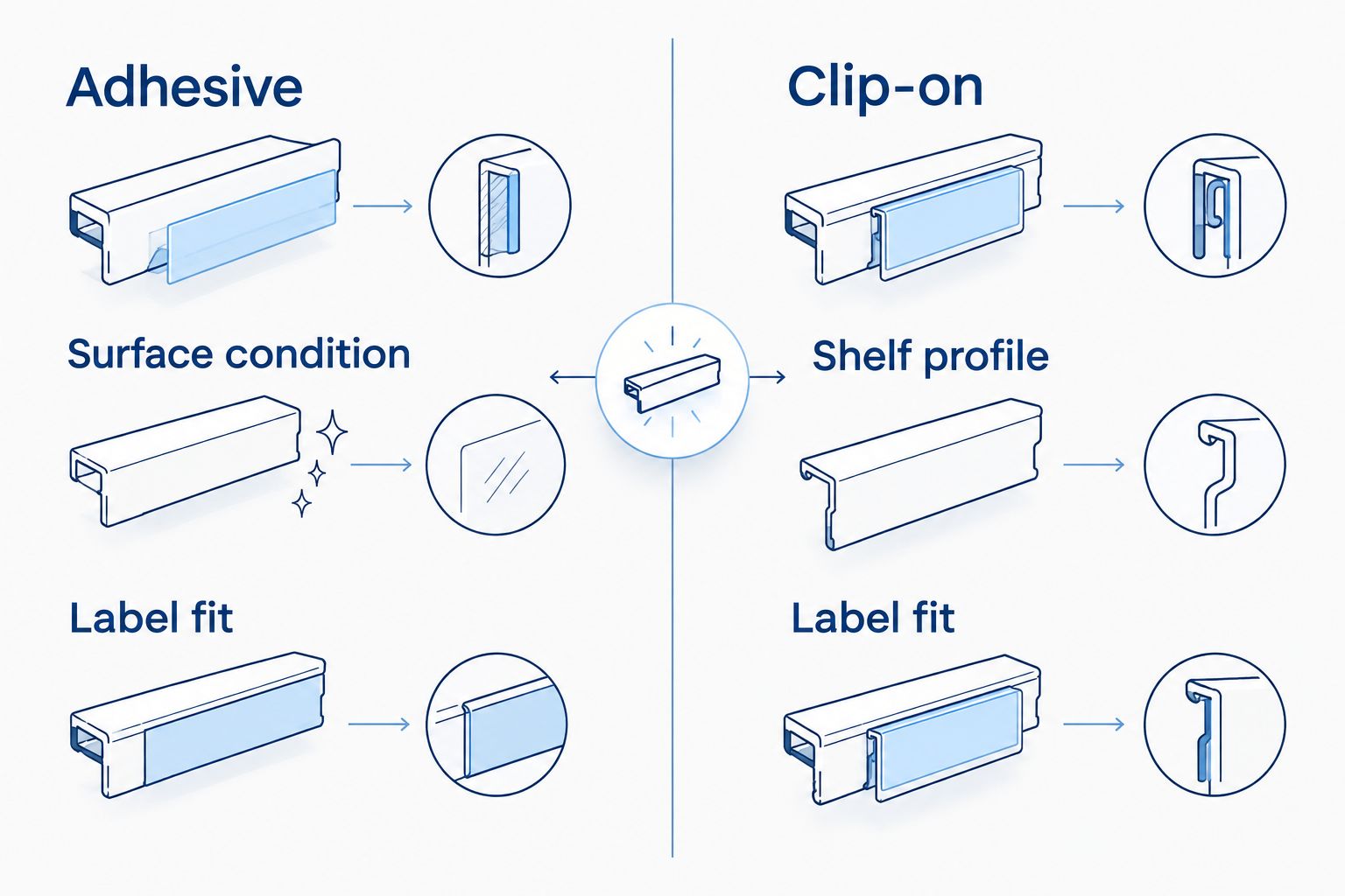 Adhesive and clip-on data strips compared by their mounting and label-fit checks