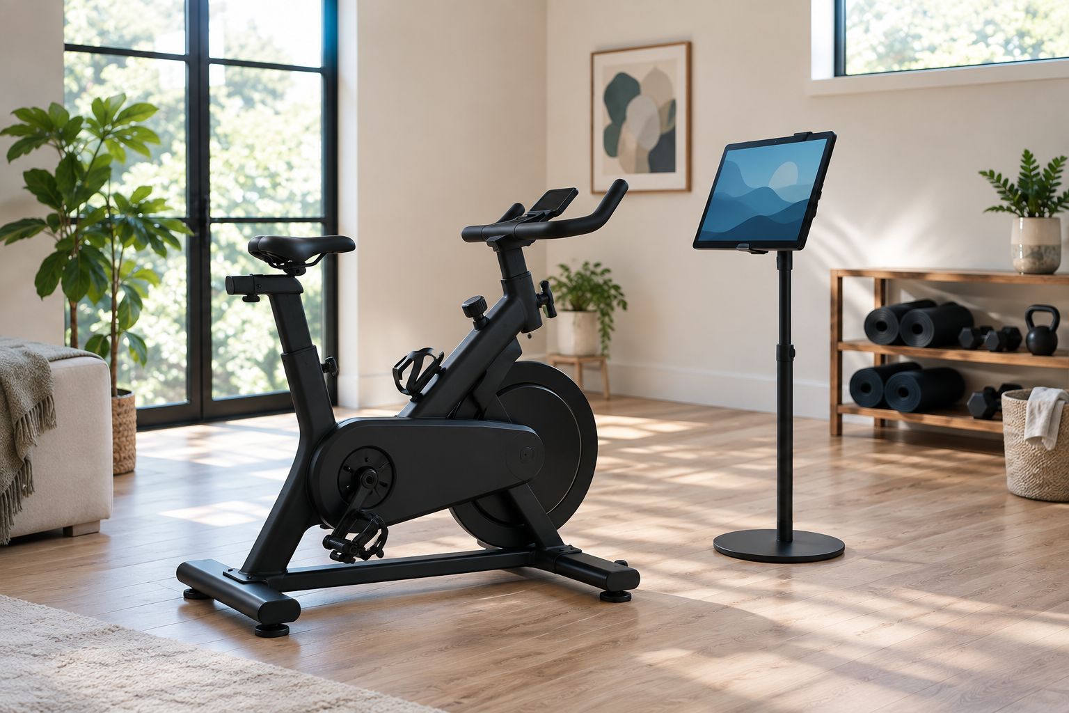 Stationary bike with room around it and a separate tablet in the rider's view
