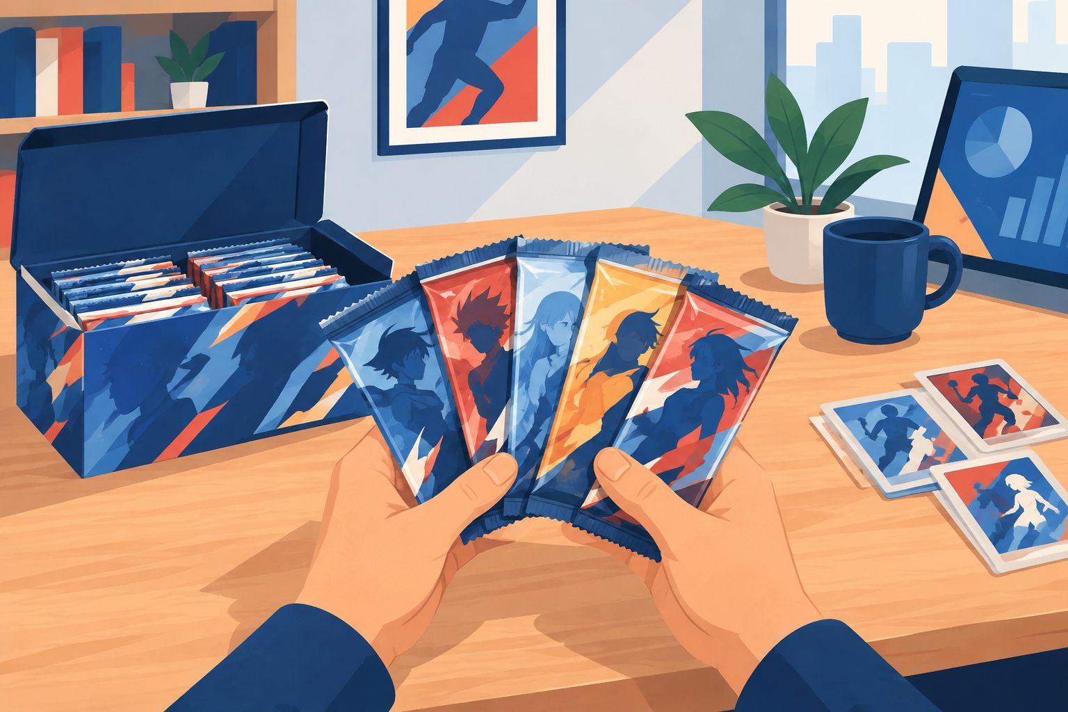 Sealed anime trading card booster packs fanned out on a desk