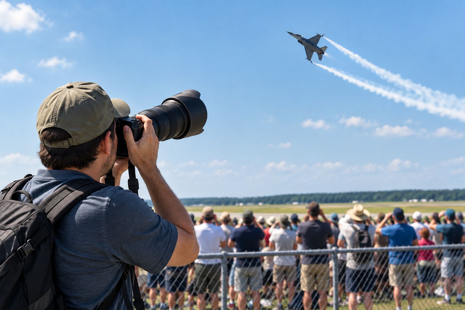 Photographer with a telephoto lens shooting a jet at an airshow fence line