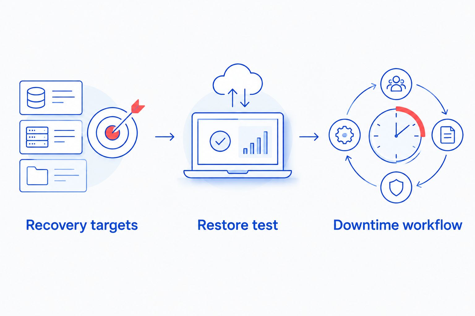 Recovery planning sequence from recovery targets to a restore test and a downtime workflow