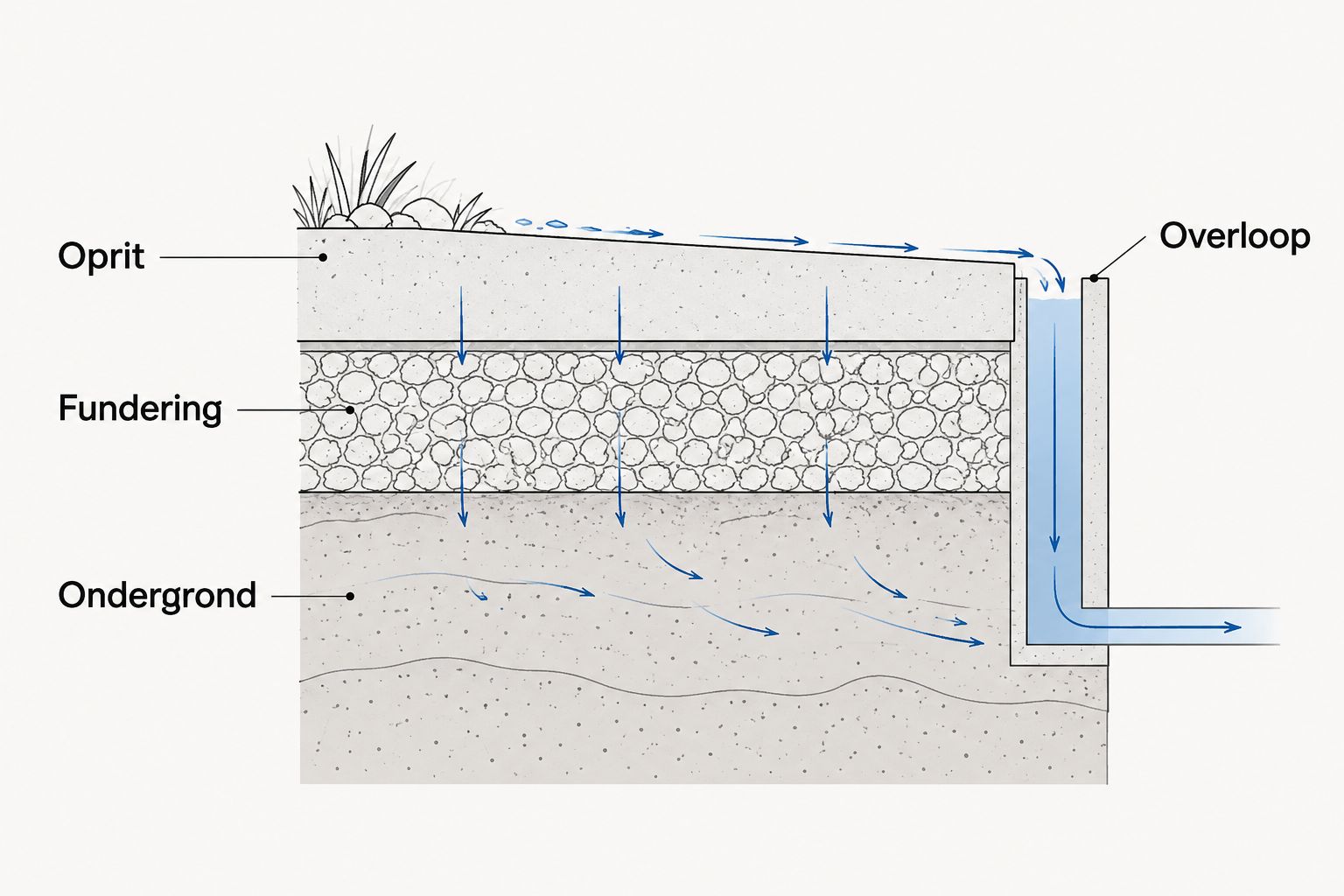 Doorsnede van een waterdoorlatende oprit met fundering, ondergrond en afzonderlijke overlooproute.