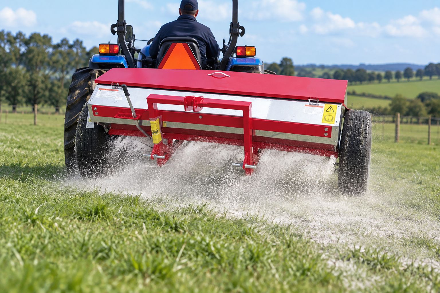 Ground-driven lime spreader spreading lime across a pasture paddock