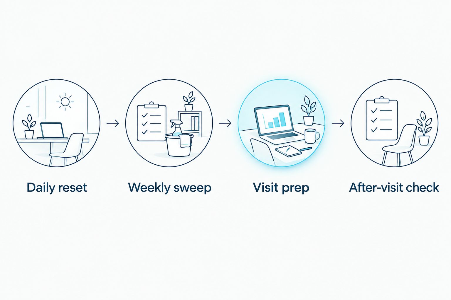 Cleaning routine showing a daily reset, weekly sweep, visit preparation and after-visit check