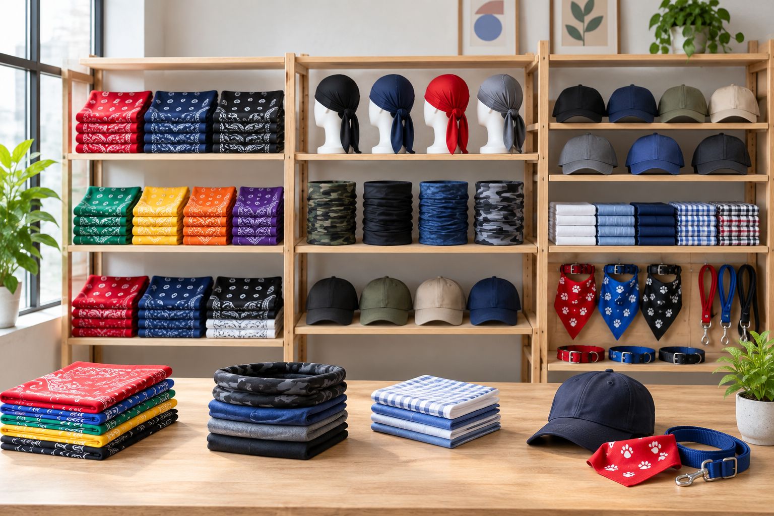 Wholesale shelves with bandanas, hats, neck gaiters, handkerchiefs, and pet accessories
