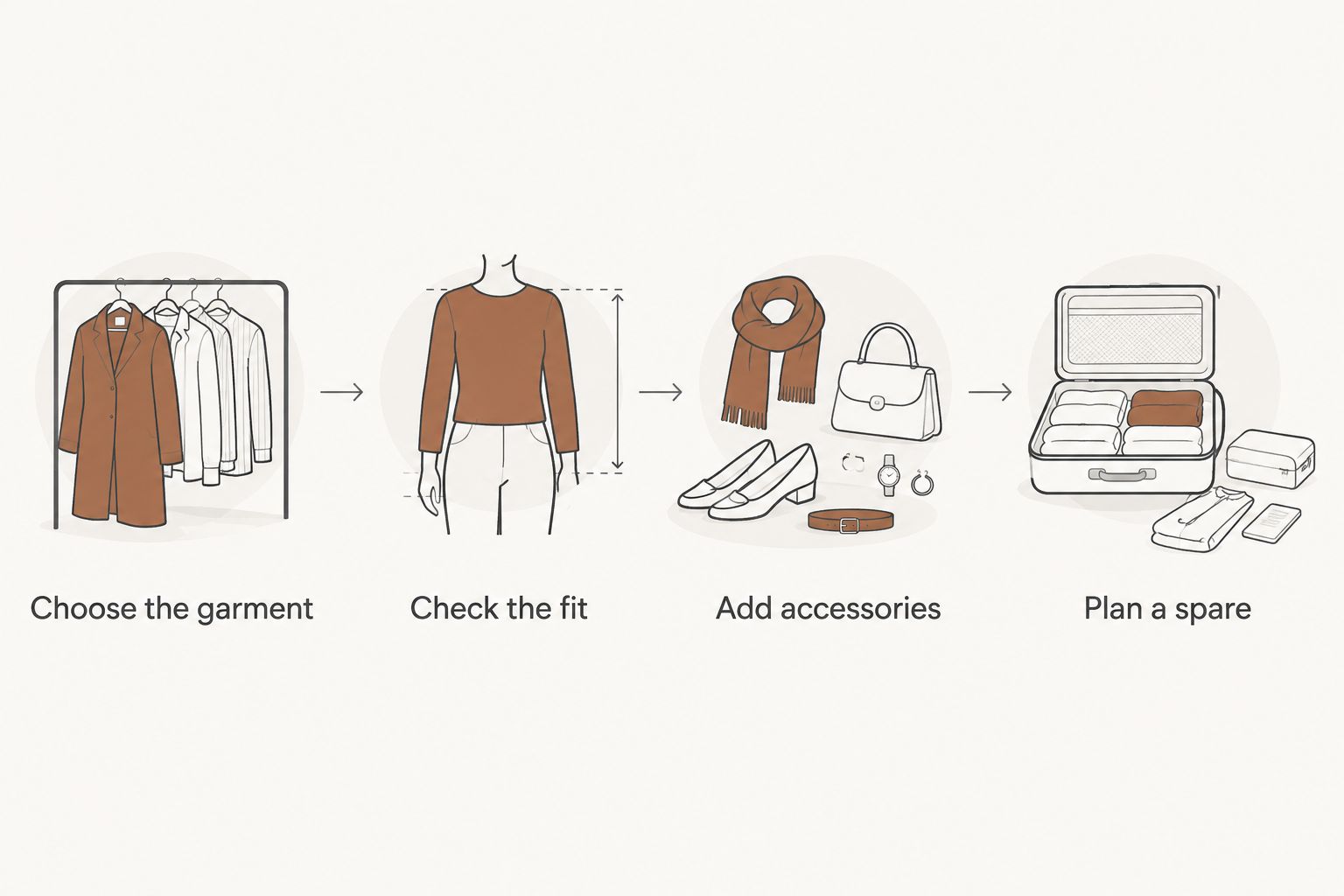 Four steps for building a newborn clothing set, from choosing a garment to planning a spare.