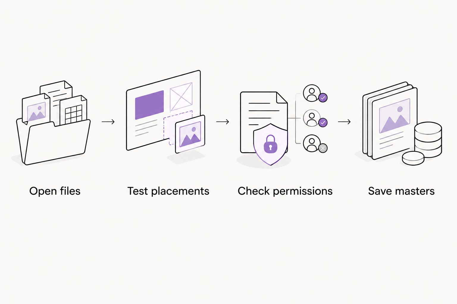 Handoff review sequence: open files, test placements, check permissions, and save masters.