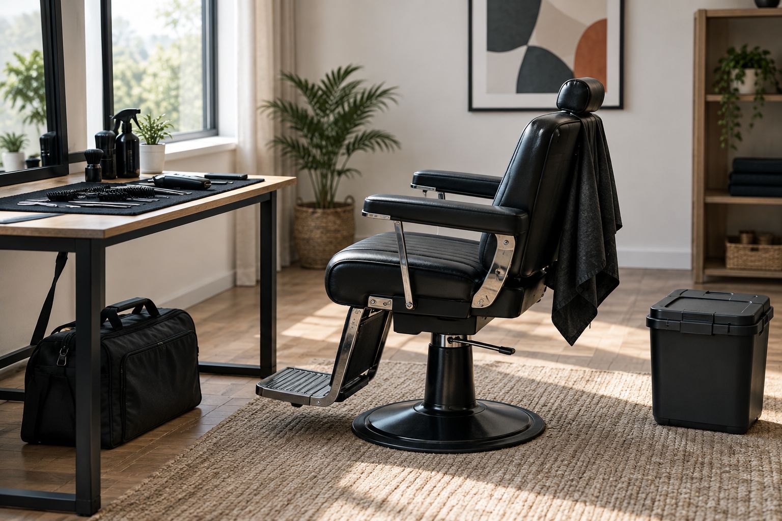 Mobile barber station with clear access, a clean work surface and separate equipment storage