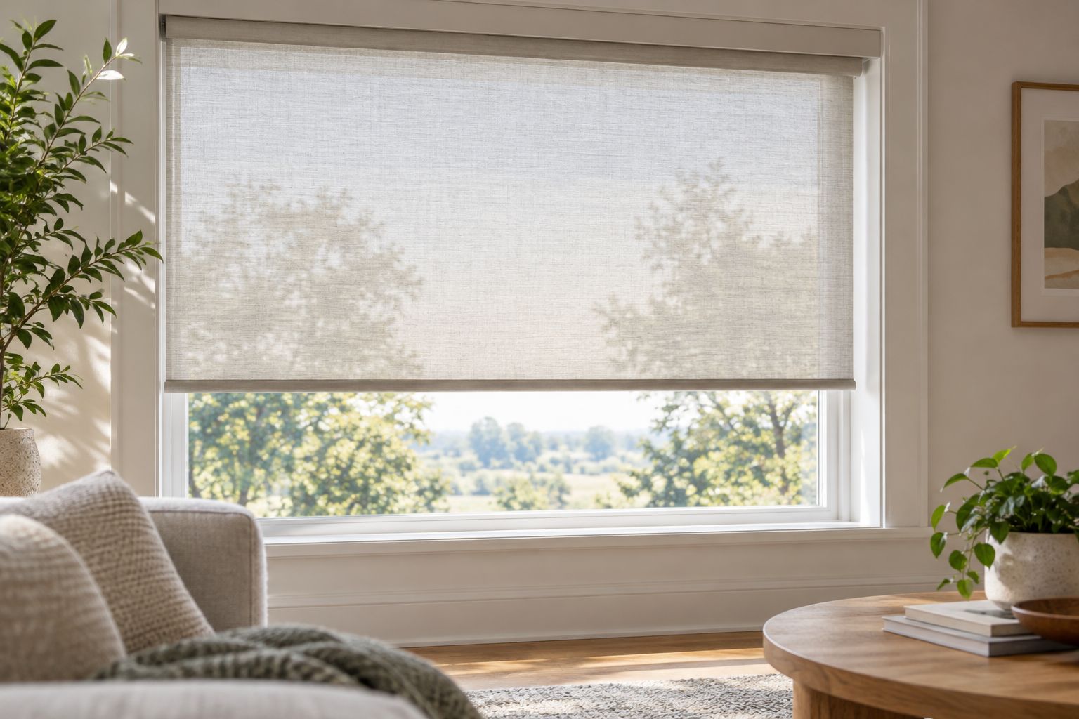 Fabric roller shade showing daylight through the material and around the window edges