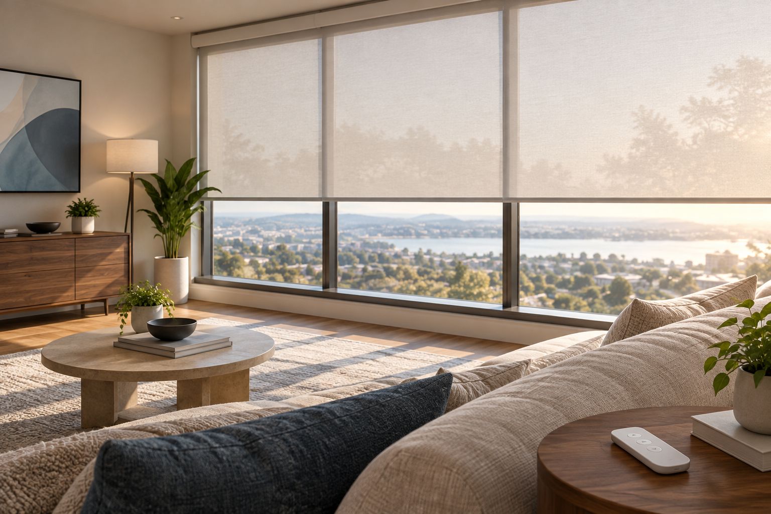 Motorized roller shade lowering in a living room window