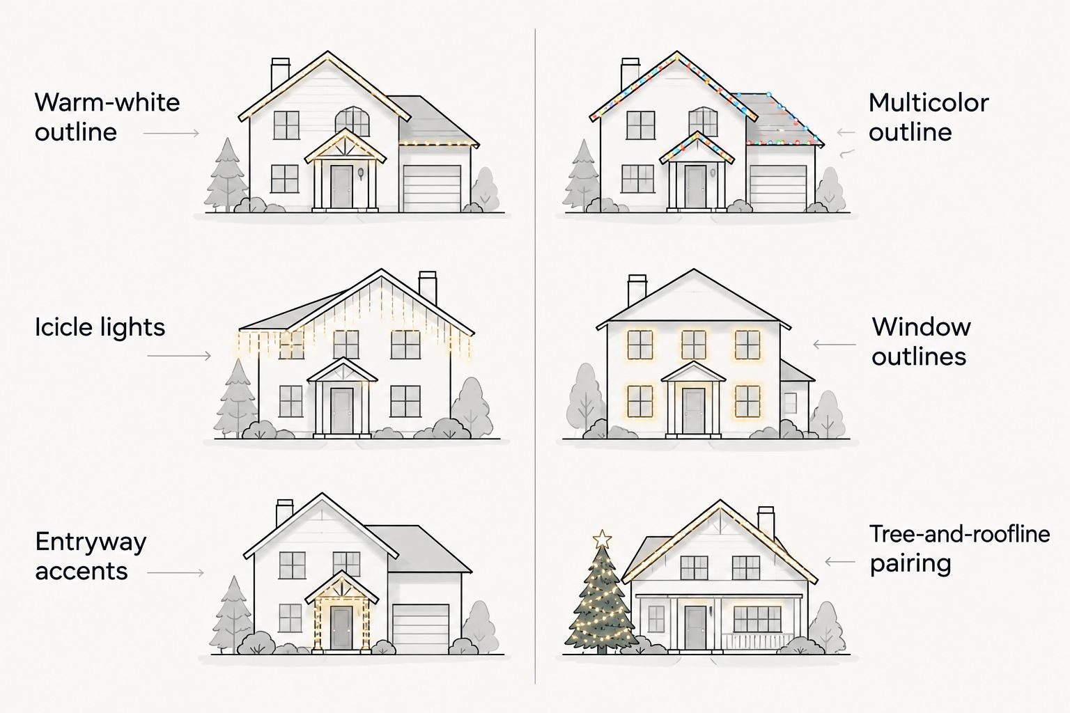 Six house-lighting diagrams comparing roof outlines, icicles, windows, entry accents, and a tree-and-roofline pairing.