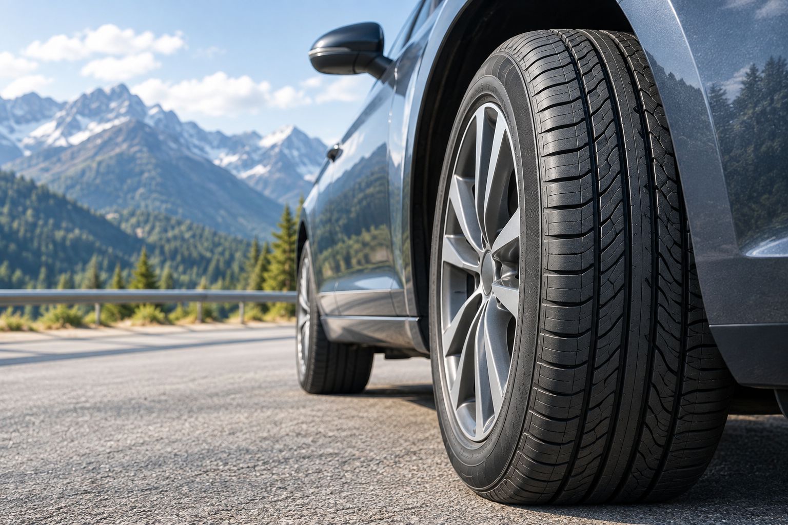 Passenger-car tire showing tread grooves, shoulder wear area, and sidewall