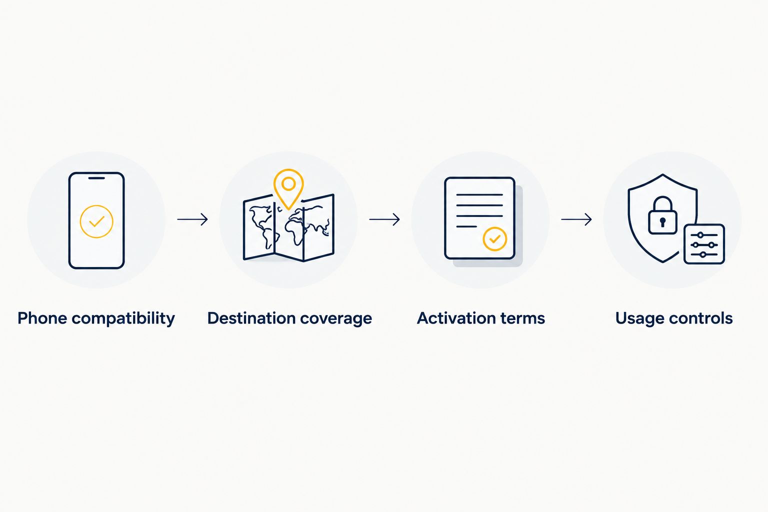 Four checks covering phone compatibility, destination coverage, activation terms and usage controls.