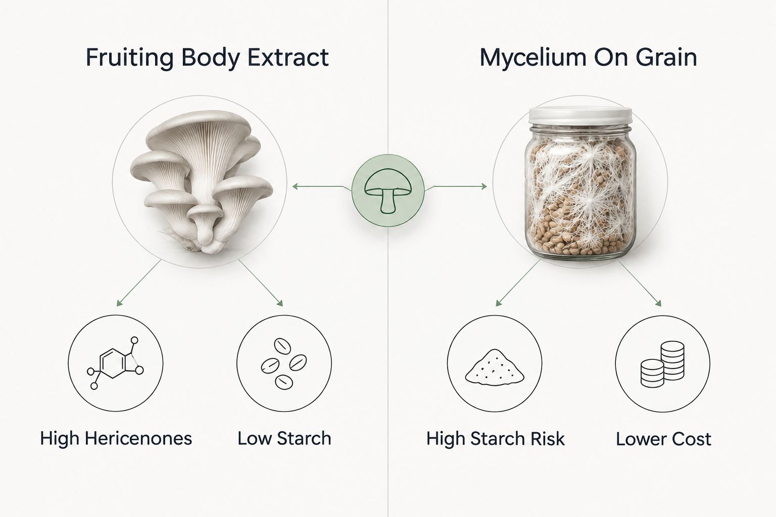 Two-column diagram comparing fruiting body extract to mycelium-on-grain lion's mane