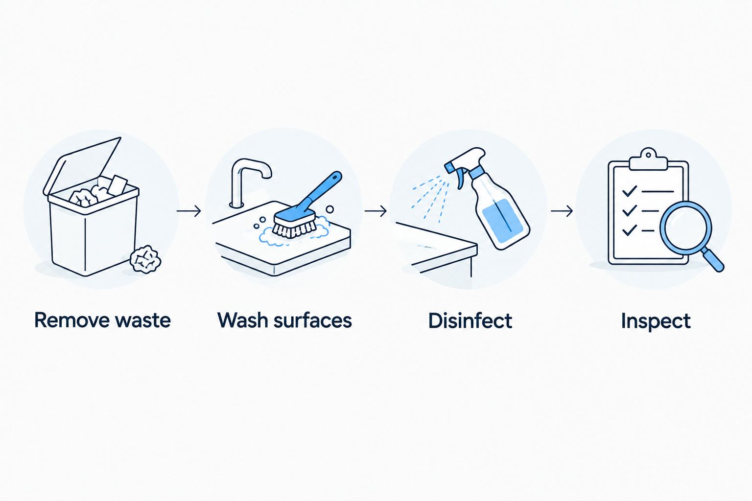 Enclosure cleaning sequence: remove waste, wash surfaces, disinfect and inspect.