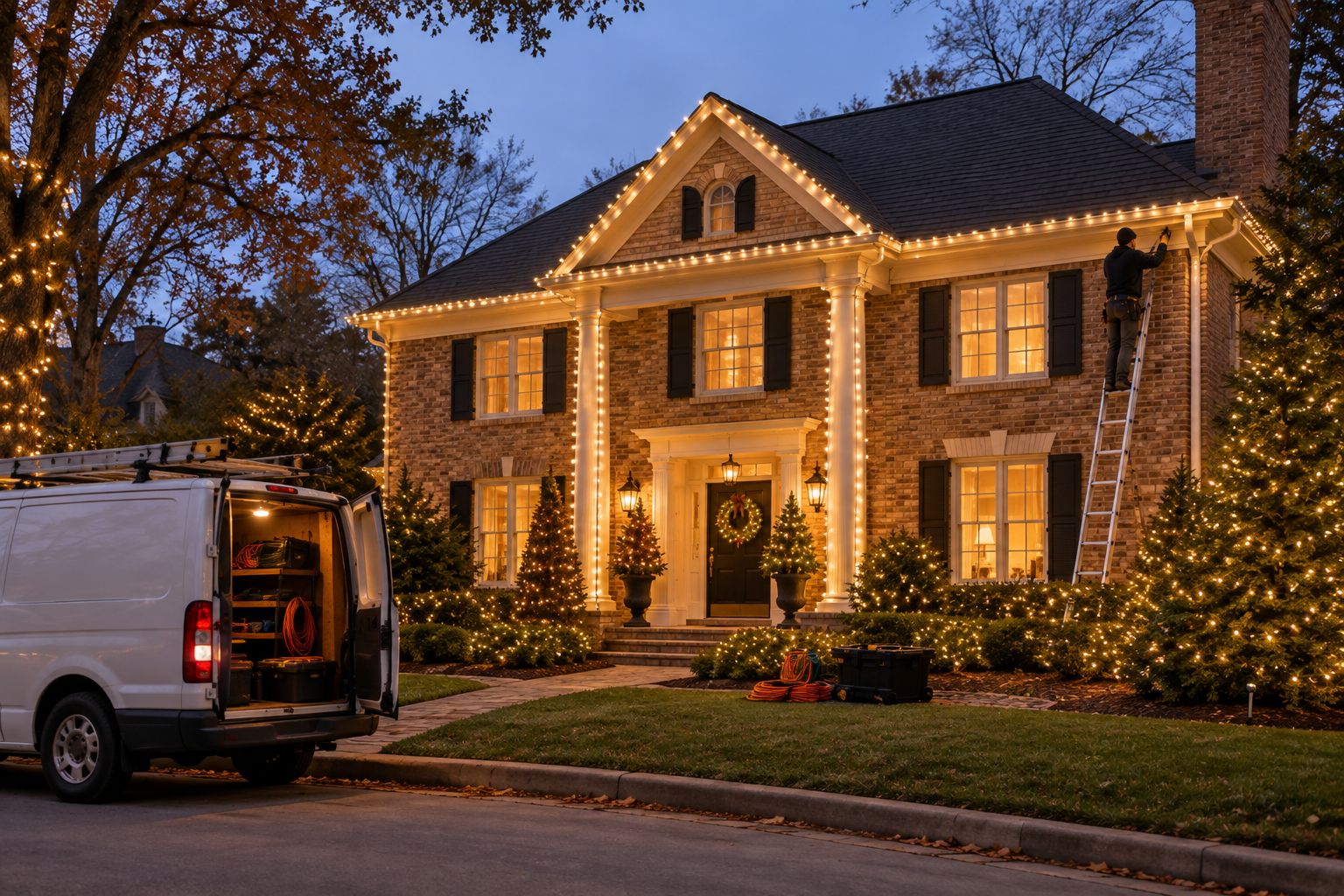 Two-story brick colonial home with warm white LED roofline lighting installed at dusk