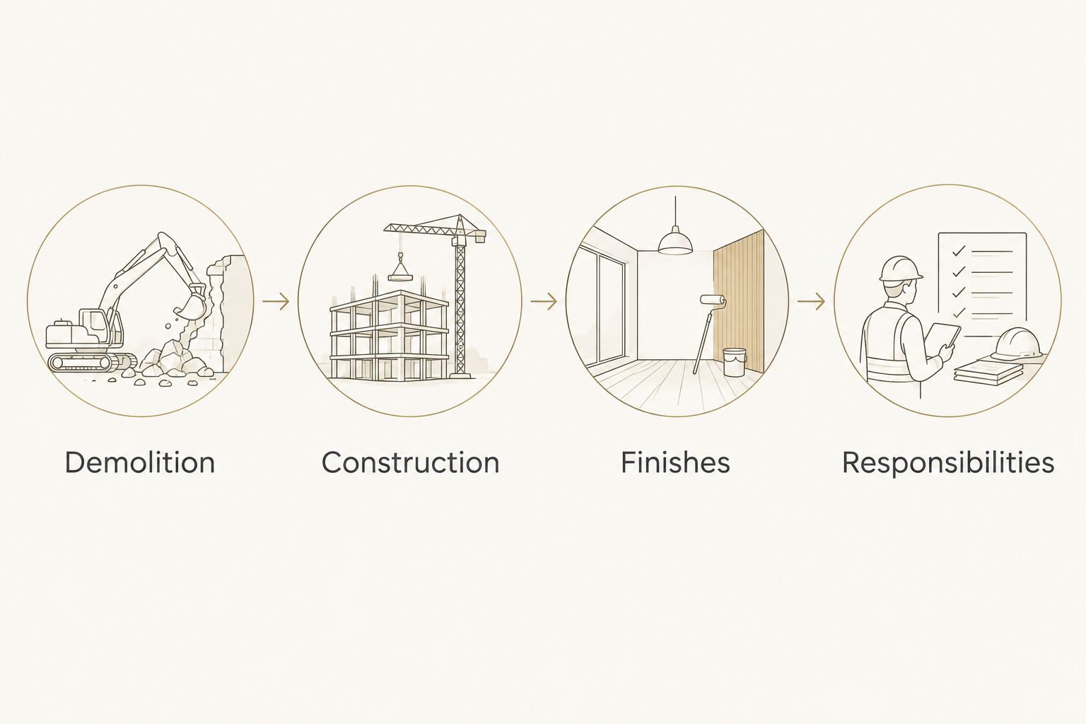 Four categories for comparing remodeling scopes: demolition, construction, finishes, and responsibilities