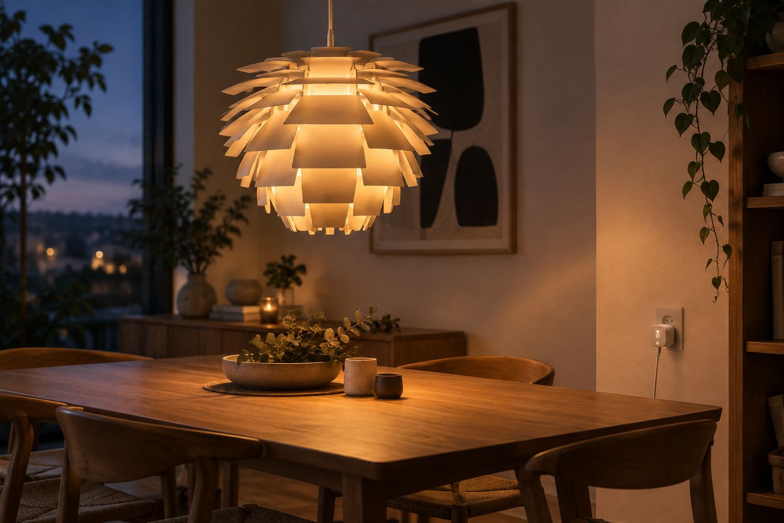 Lampada a sospensione a lamelle che illumina caldamente un tavolo da pranzo, con una presa smart nella presa a muro vicina