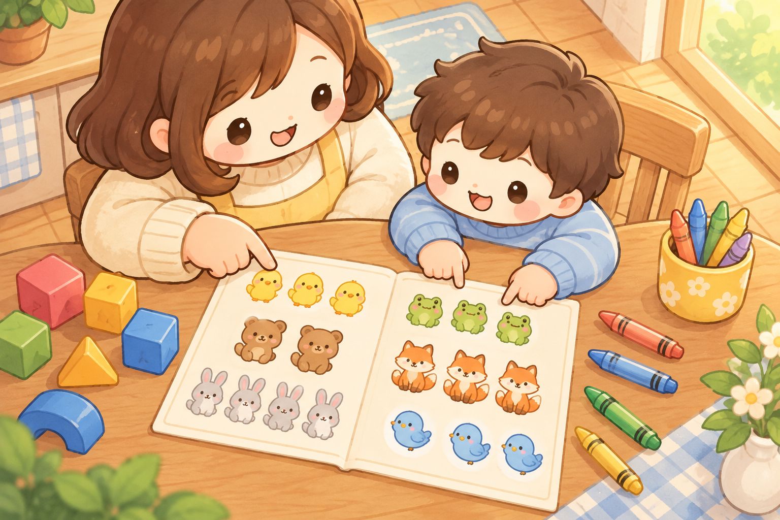 An adult and child point to animal drawings beside large blocks and crayons.