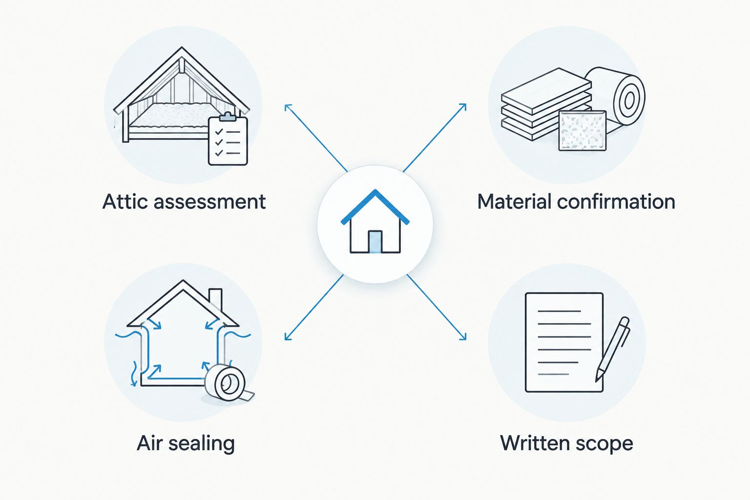Attic assessment and air sealing checks beside material confirmation and written scope checks