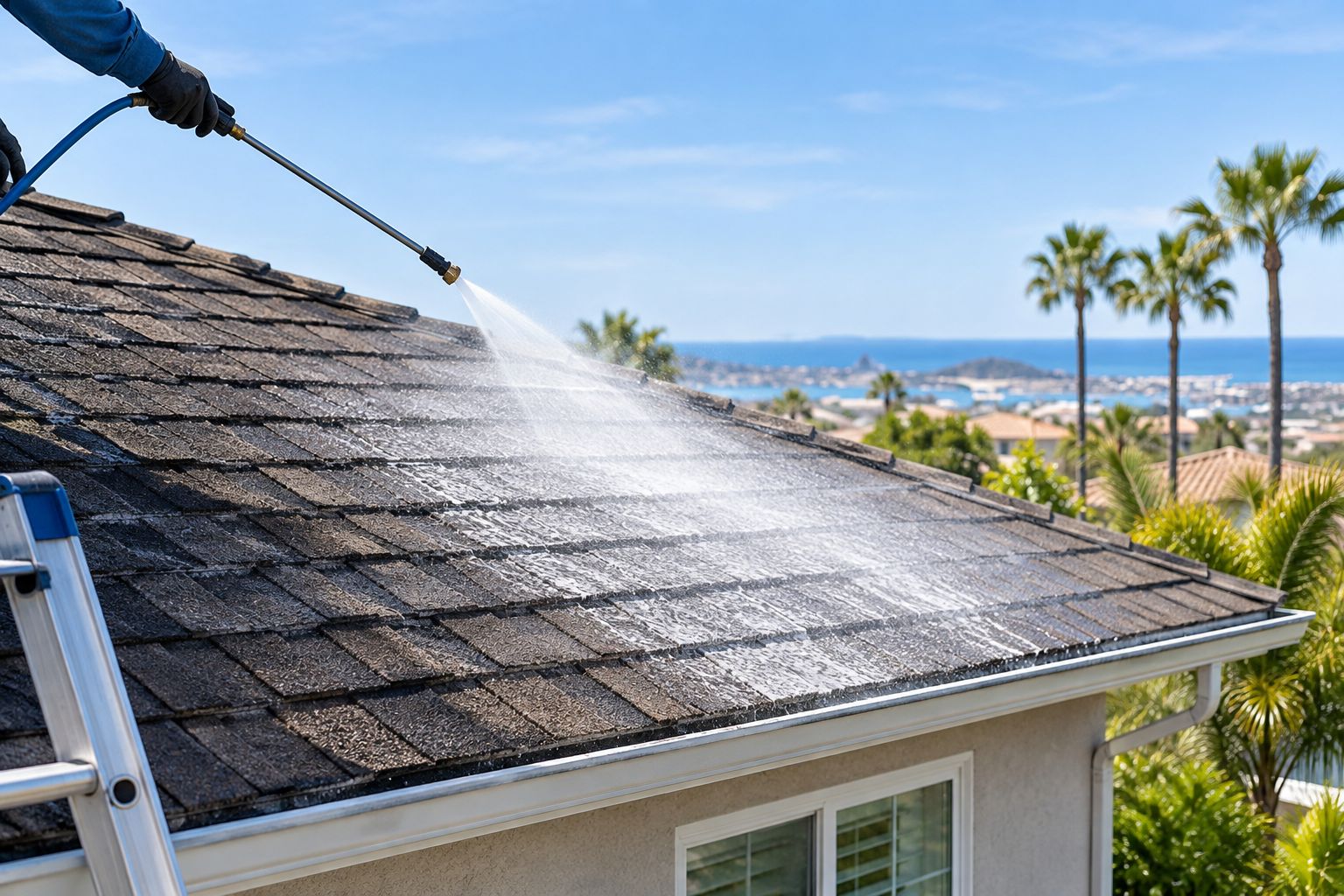Low-pressure sprayer applying soft wash solution to a shingle roof