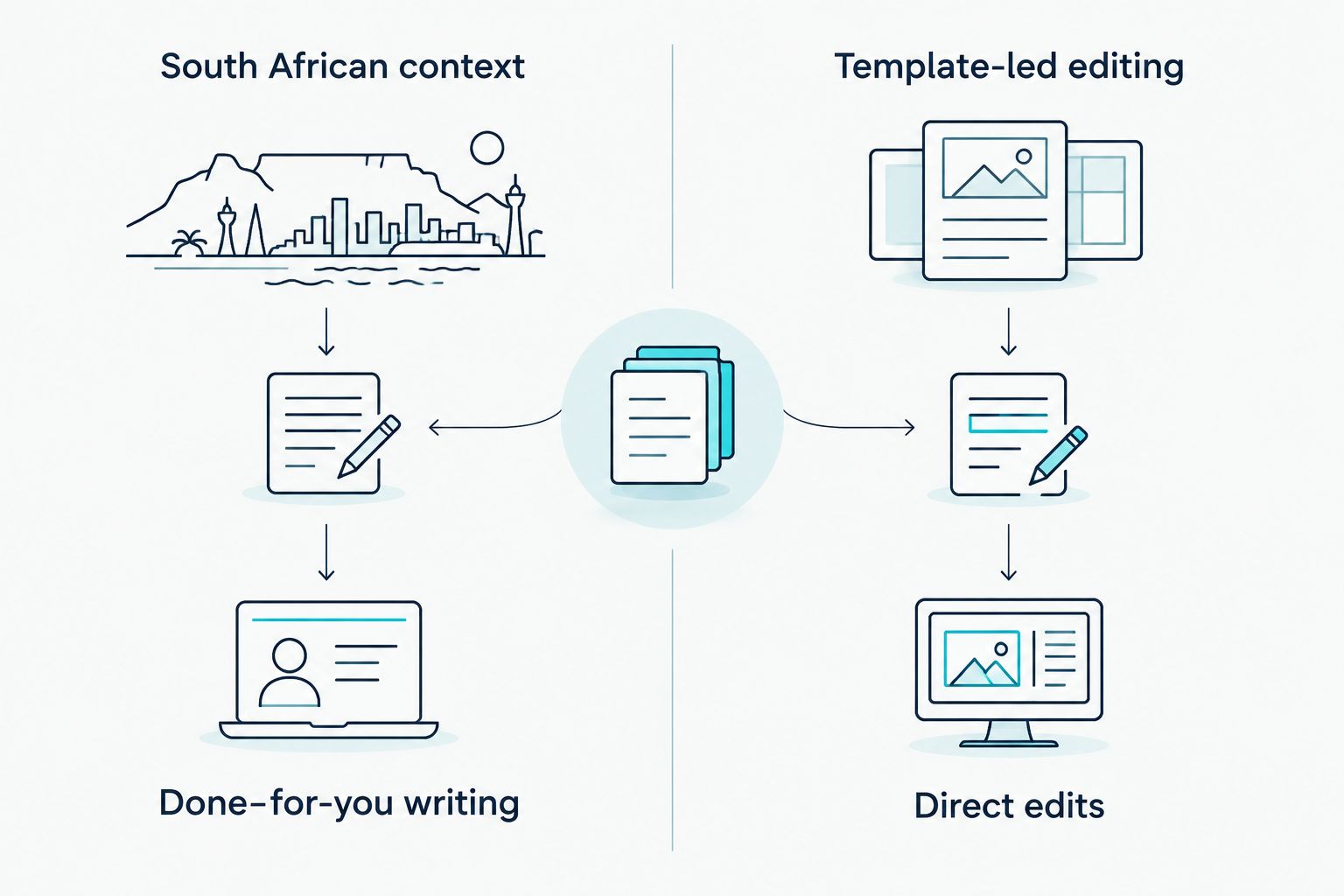 Two-column comparison of South African CV help and self-directed builder editing