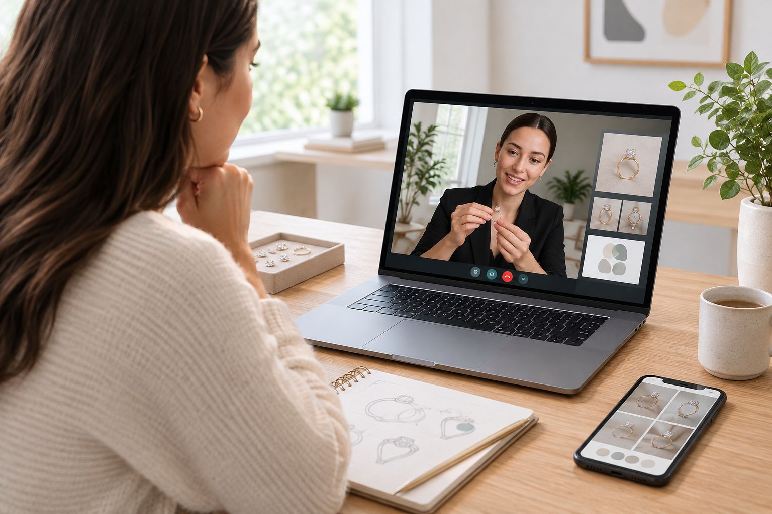 Person on a video call reviewing a custom ring design with a jeweler